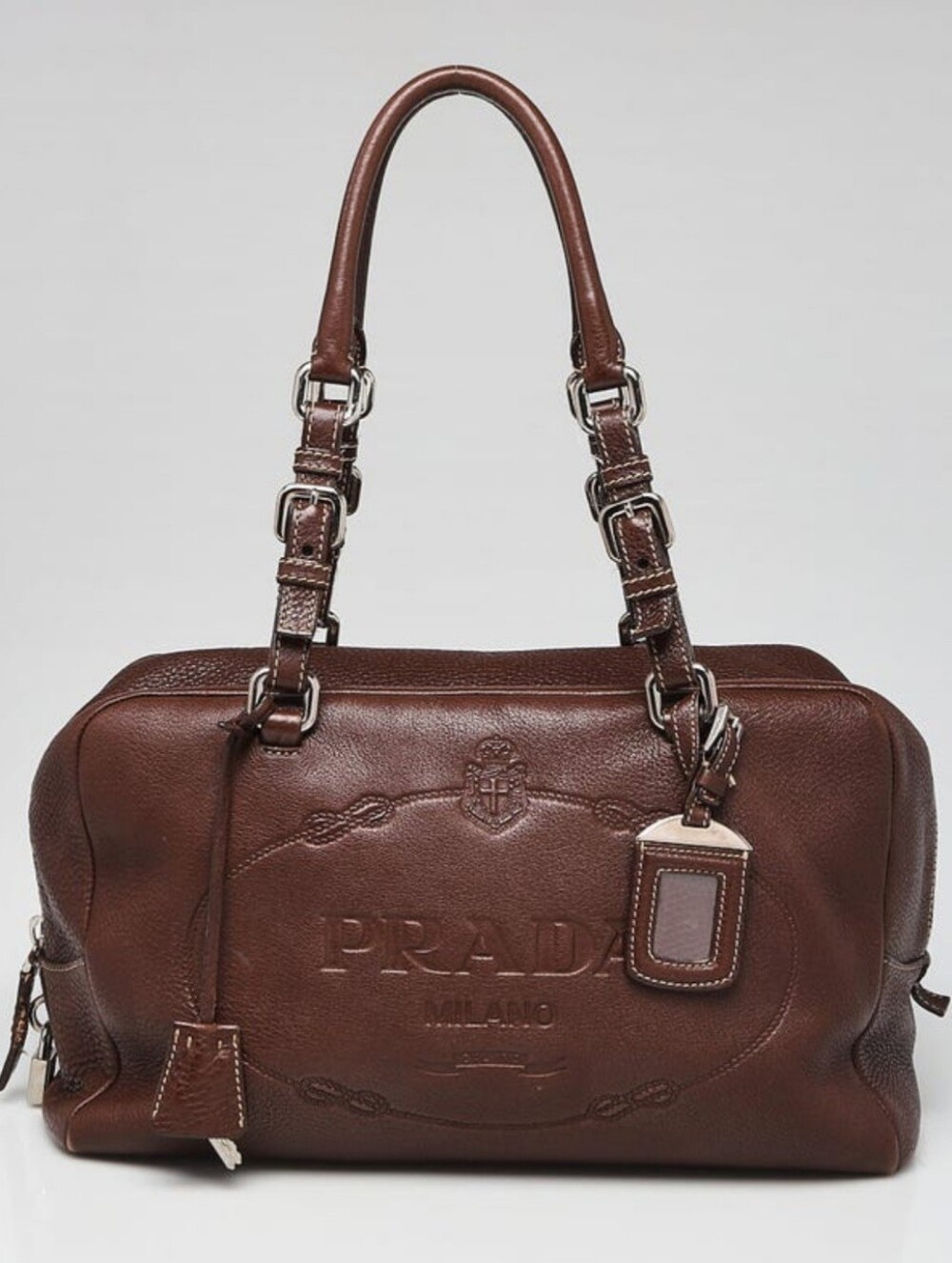 Prada Large Vitello Daino Logo Bowl Bag Brown